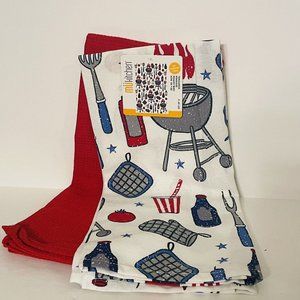 Kitchen Towels Dishtowels 2 pk Oversized 20x30" Cotton Red Blue Grilling Grills